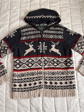 Vtg Ralph Lauren Lambswool Hand Knit Fair Isle Nordic Hooded Sweater Jacket L